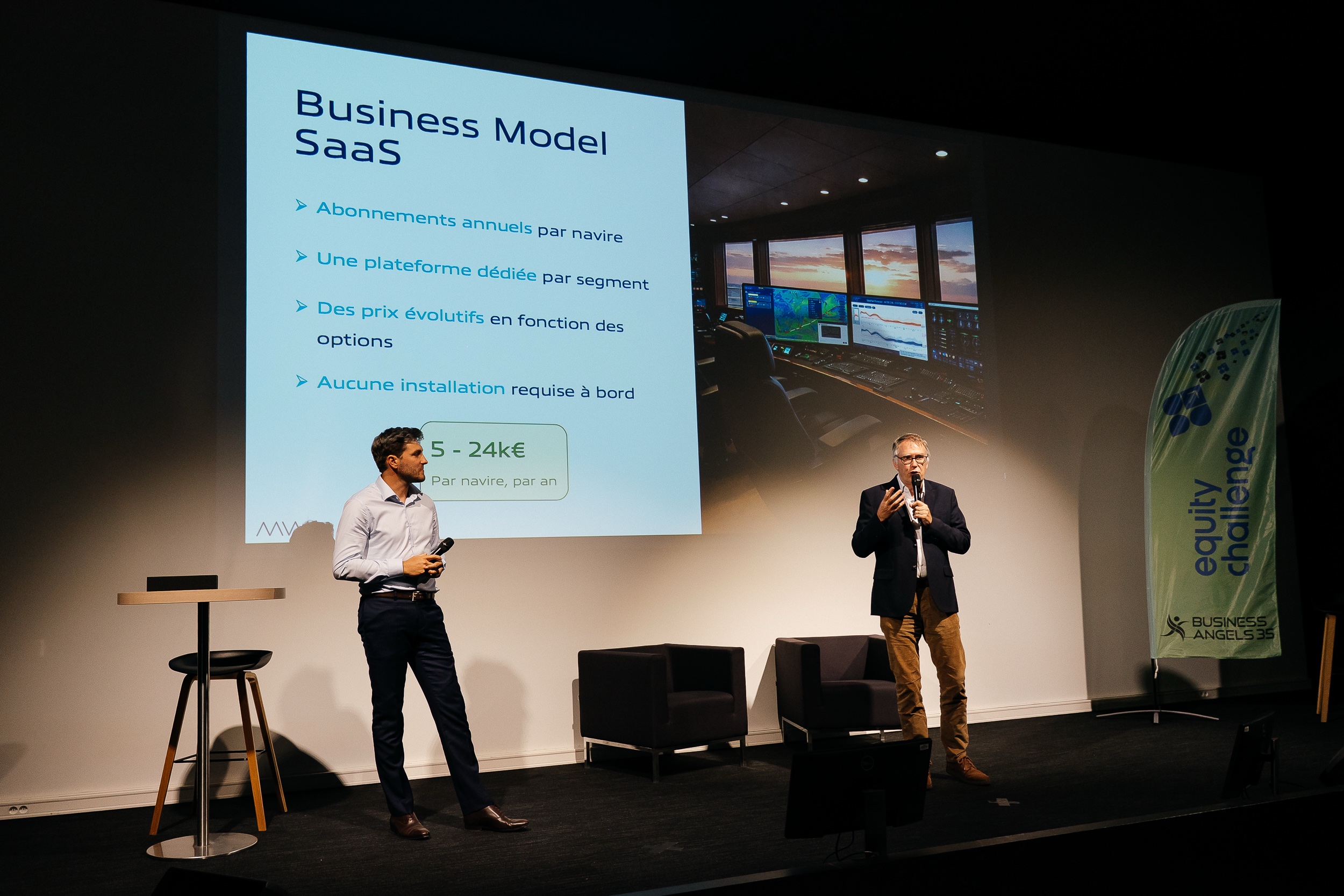 Basile Rochut and Christian Dumard pitching the MWI SaaS business model on stage at the Equity Challenge 2026