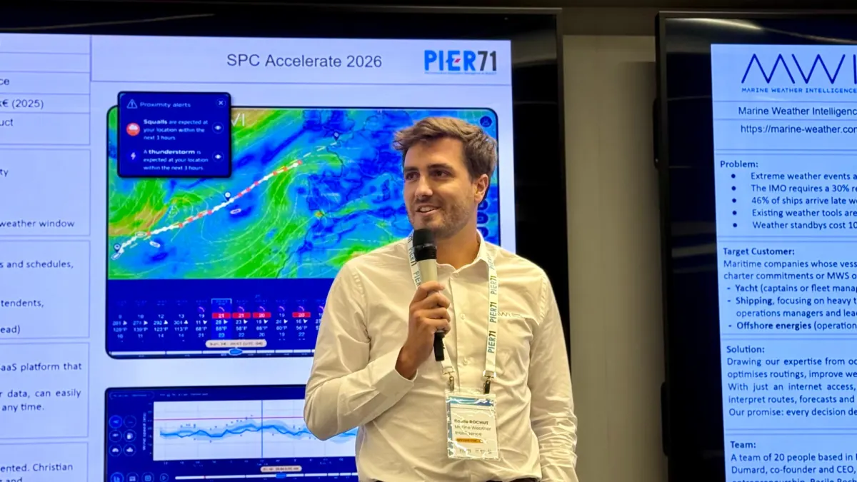 Basile Rochut presenting Marine Weather Intelligence and its proximity alerts during SPC Accelerate 2026