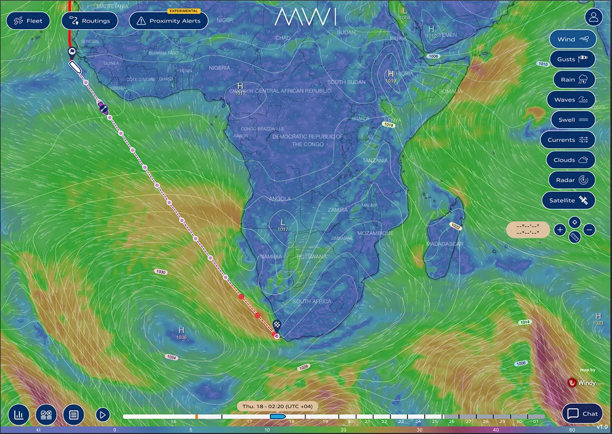MWI Shipping wind map overlay for routing and vessel performance monitoring
