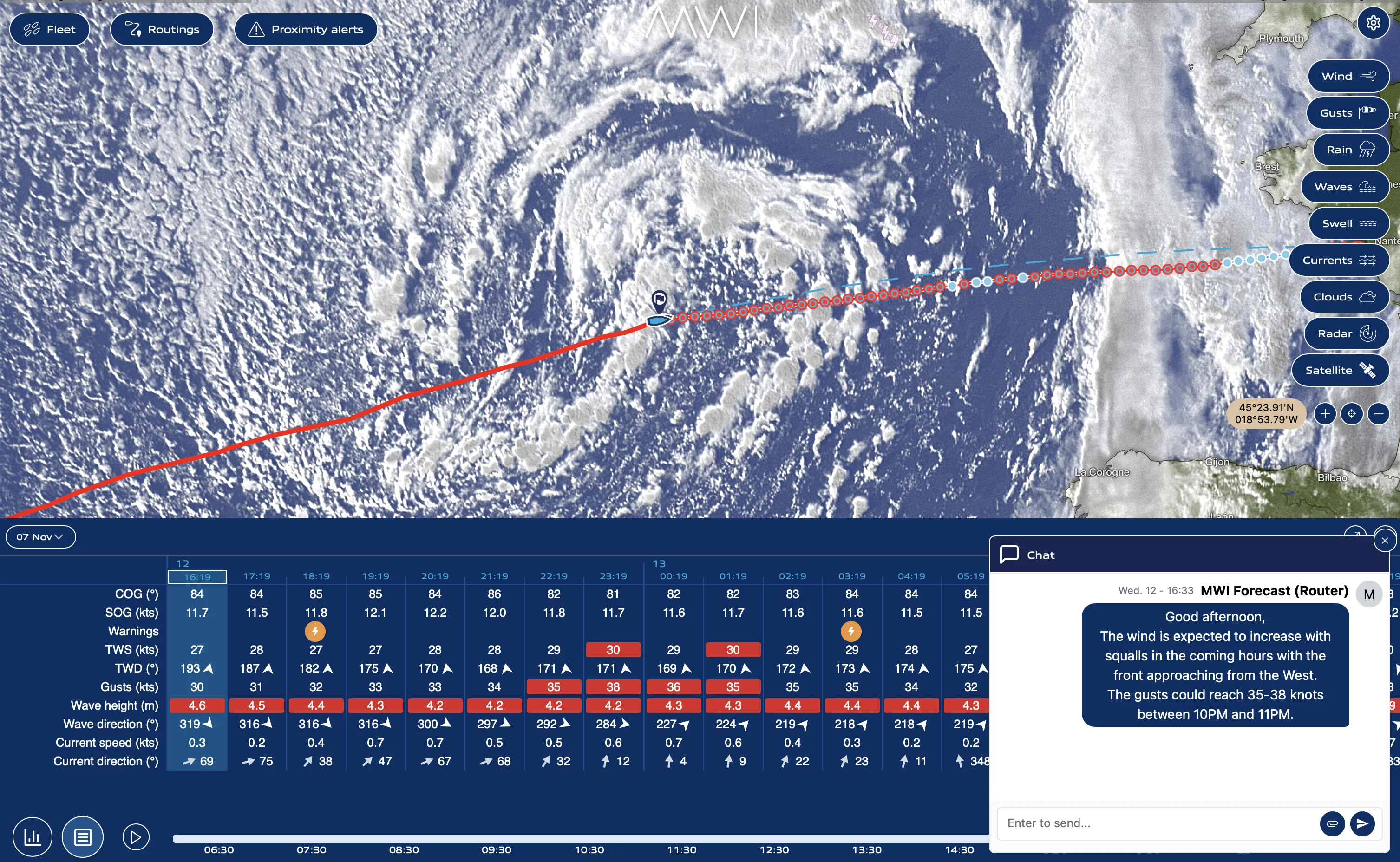 MWI AI agent monitoring — live weather routing and expert chat interface