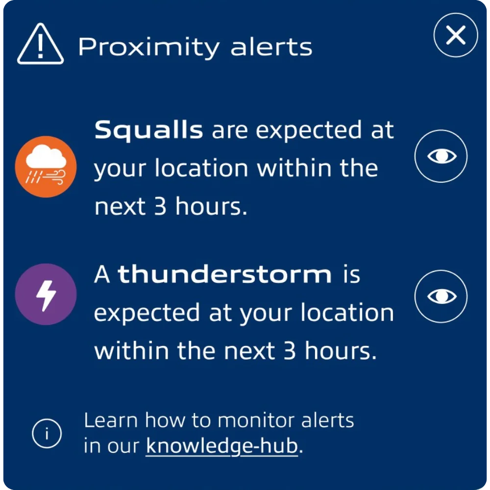 Proximity alerts panel showing weather threshold exceedances for towage