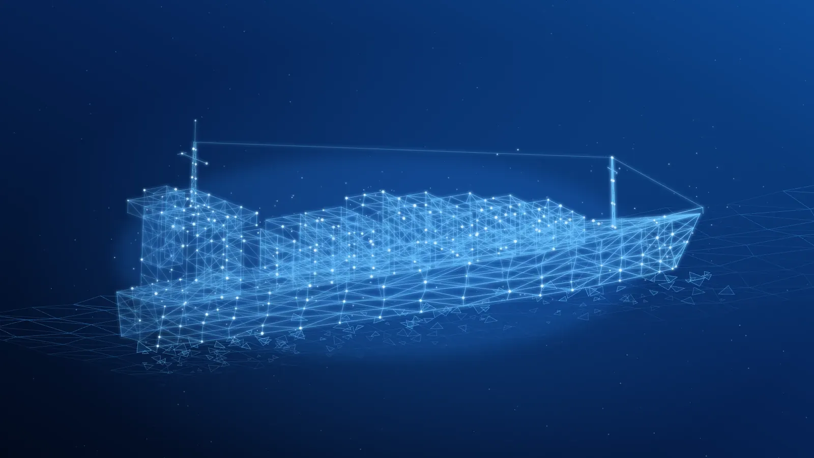 Wireframe digital twin of a cargo vessel at sea, built from data points