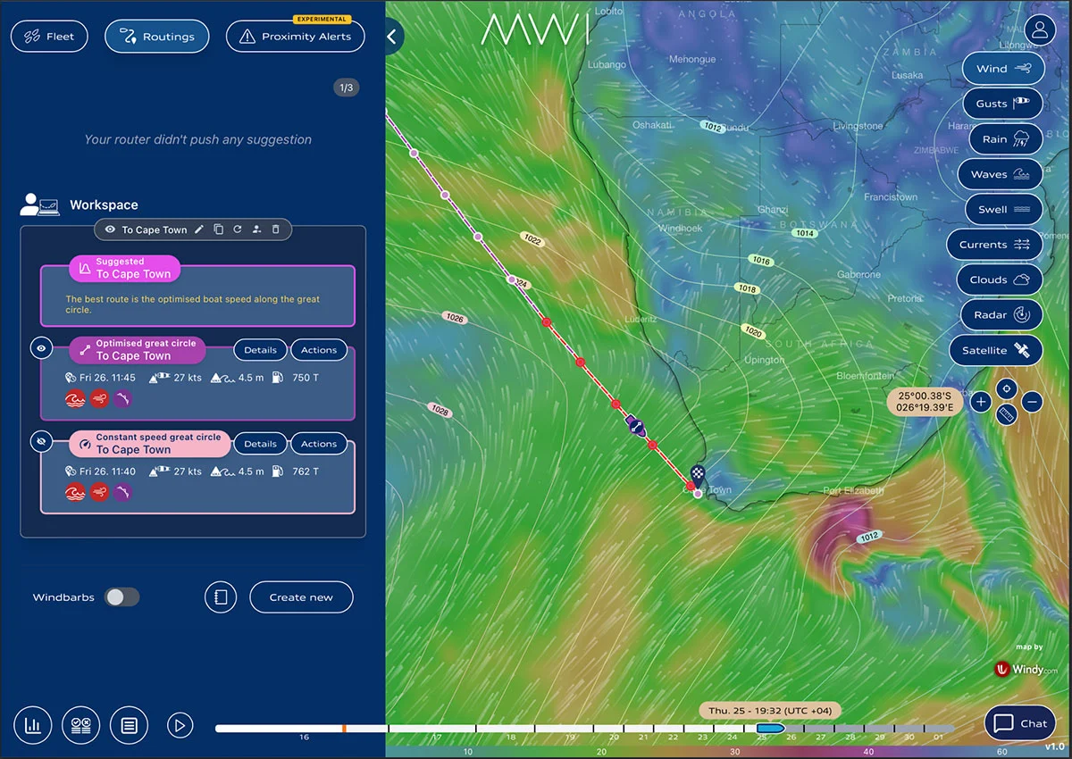 Multi-objective towage routing workspace calibrated to vessel limits, tow configuration, and port windows in MWI Forecast