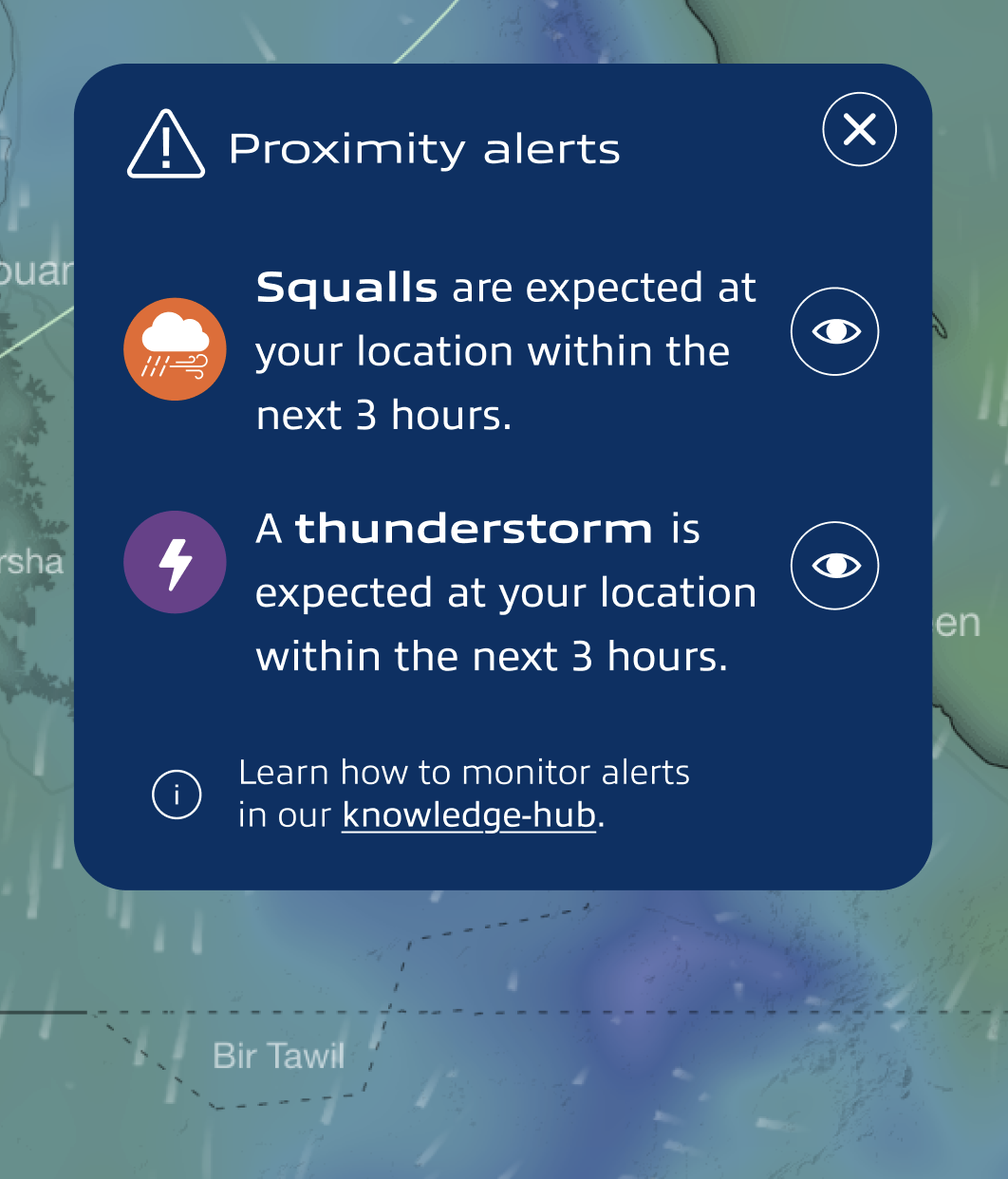Proximity alerts panel — squall and thunderstorm detection for yachts